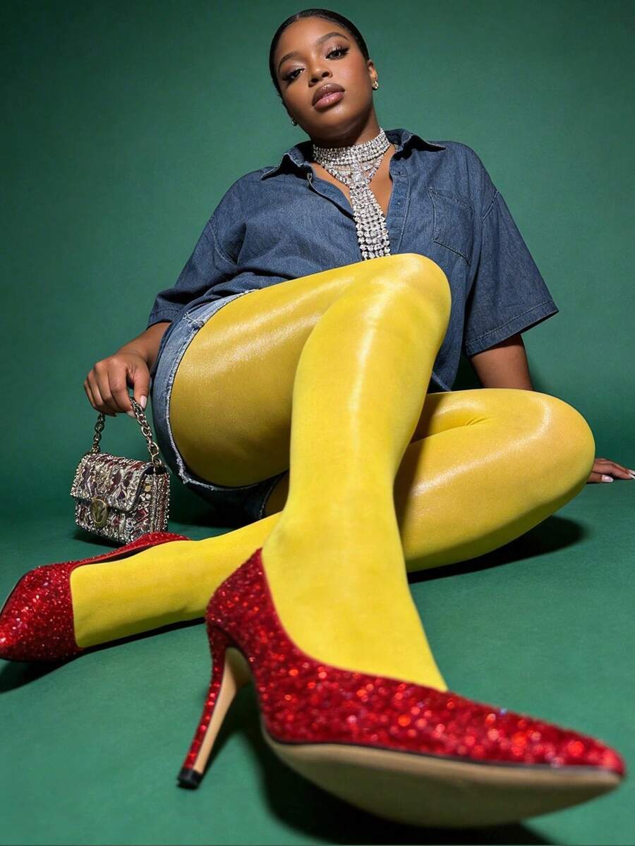 1 pieza Medias transparentes y brillantes elásticas de talla grande para mujer, anti-enganches, mallas brillantes, medias sexys y de moda para discoteca - Amarillo - Ver 1