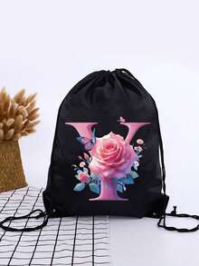 1pc Summer New Floral & Letter Outdoor Sports Bag, Football Backpack, Basketball Backpack, Boys & Girls Sports Bag, Hiking Backpack, Large Capacity Lightweight Drawstring Bag - Black - View 35