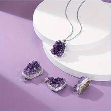 1Pc Natural Amethyst Cluster Crystal Necklace, Healing Energy Purification Spiritual Reiki, Irregular Raw Rough Amethyst Quartz Pendant, Positive Energy Beauty Love Jewelry, Lucky Charm Necklace For Women Men - Multicolor - View 6