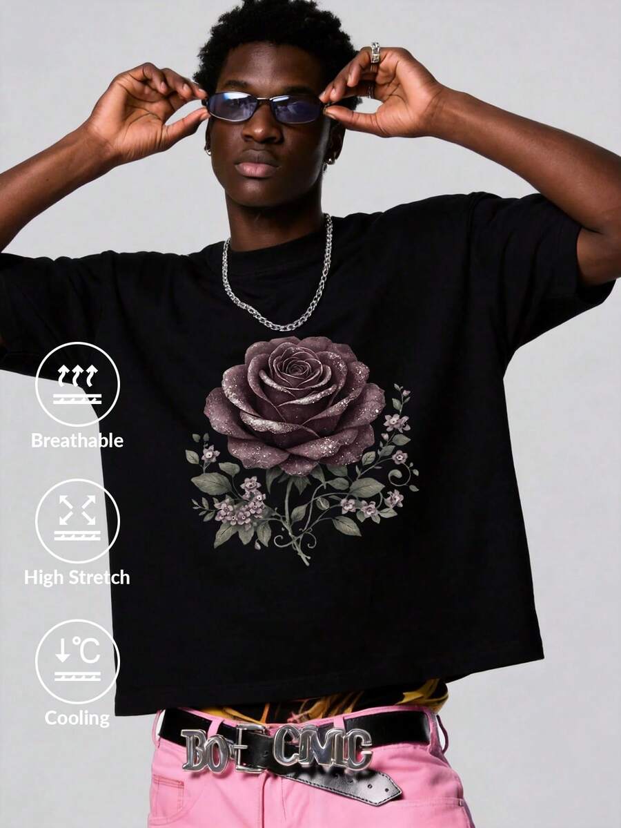 Camvyn 男士休闲时尚街头宽松落肩冰丝印花短袖T恤，夏季 - 黑色 - 查看 1