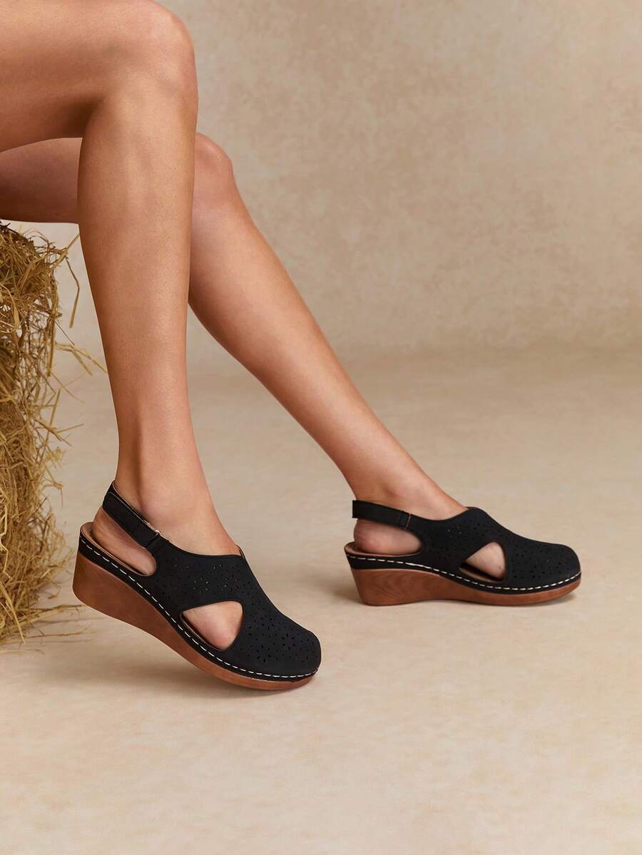 Tropiscape Women's Summer Wedding, Outdoor Party, Daily Wear Elegant Fashion Lightweight Comfortable Sweet New Style Outdoor Wedge Thick Bottom Slip-On Sandals Cottagecore,SummerOutfit - Black - View 1