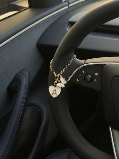Letter Heart Steering Wheel Decor, Cute Letter Butterfly Pendant Car Decoration, Adjustable Chain With Lobster Clasp Suitable For Rearview Mirror, Cup Holder, Keychain And Backpack Decoration, Fashionable Personalized Car Interior Accessories Gift