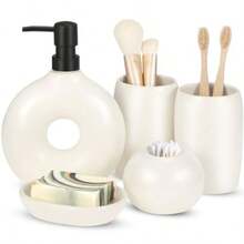 Juego de 5 accesorios de baño de cerámica incluye dispensador de jabón soporte para vasos de dientes caja de jabón soporte para boquilla elegante y moderno decoración de esmalte mate - Beis - Ver 8