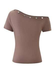 Femmes T-shirt asymétrique/asymétrique en tissu tricoté de couleur unie avec boutons, vacances à la plage, décontracté pour le printemps et l'été - Rose cuivré - Voir 6