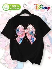 Disney-Lilo & Stitch & Angel Bow Print Women's Summer New Fashion Pure Cotton Short-Sleeve T-ShirtMade From Soft, Comfortable, And Durable Pure Cotton, This Is An Ideal Choice For Spring And Summer. This Crew Neck T-Shirt Is Suitable For Various Occasions, Including Everyday Wear, Shopping, Parties, Travel, And Gatherings, And Also Makes A Thoughtful Gift. - Black - View 1