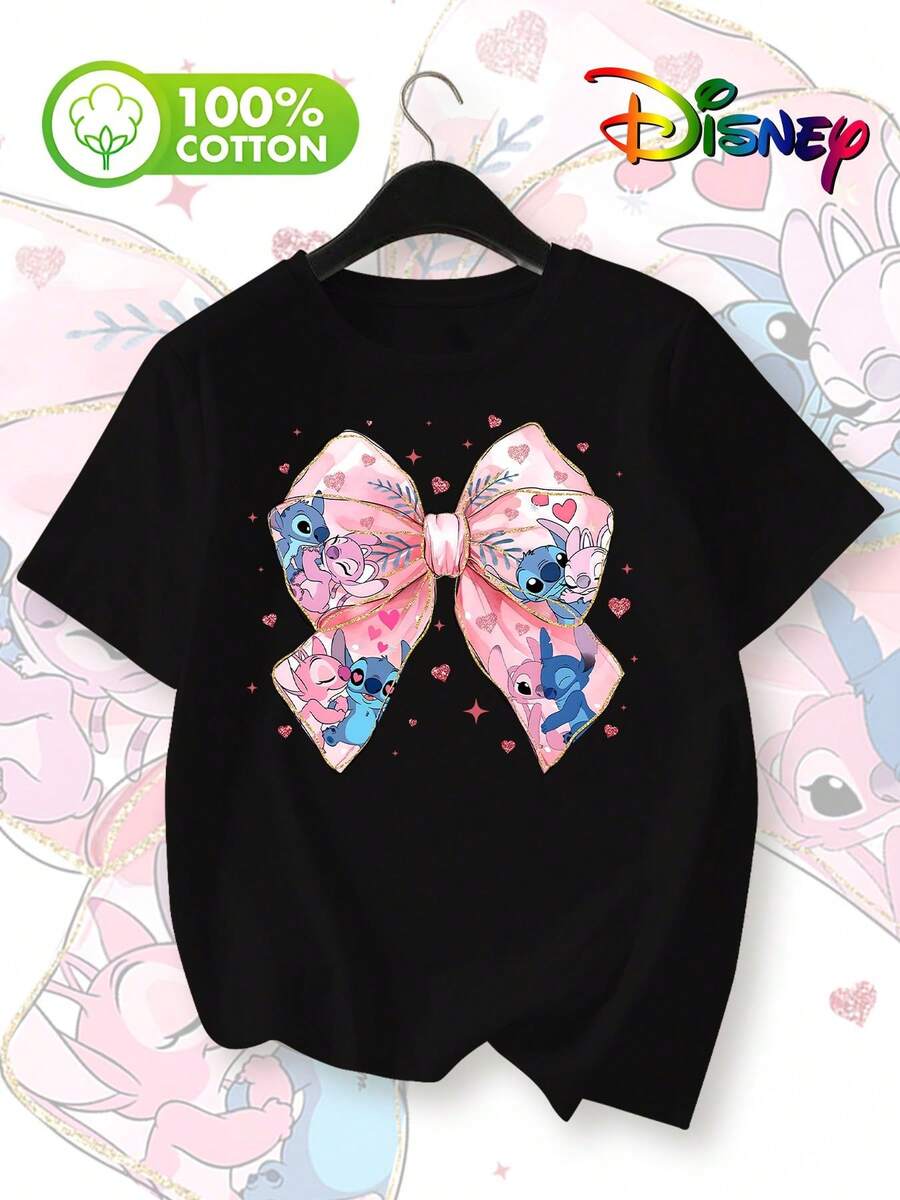 Disney-Lilo & Stitch & Angel Bow Print Women's Summer New Fashion Pure Cotton Short-Sleeve T-ShirtMade From Soft, Comfortable, And Durable Pure Cotton, This Is An Ideal Choice For Spring And Summer. This Crew Neck T-Shirt Is Suitable For Various Occasions, Including Everyday Wear, Shopping, Parties, Travel, And Gatherings, And Also Makes A Thoughtful Gift. - Black - View 1
