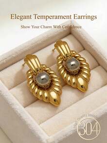 14K Gold Plated Stainless Steel Vintage Pearl Earrings, Suitable For Young Women, Fashionable Minimalist Gray Pearl Earrings, Thick Round Women's Earrings, Asymmetrical Hollow Geometric Earrings, Wedding Jewelry, Suitable For Casual Daily Wear - Gold - View 1