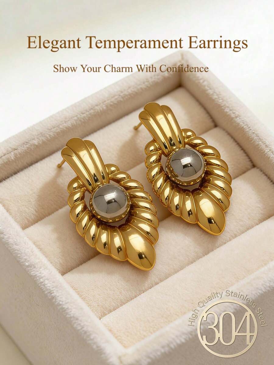 14K Gold Plated Stainless Steel Vintage Pearl Earrings, Suitable For Young Women, Fashionable Minimalist Gray Pearl Earrings, Thick Round Women's Earrings, Asymmetrical Hollow Geometric Earrings, Wedding Jewelry, Suitable For Casual Daily Wear - Gold - View 1