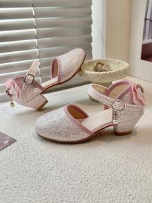 女童闪亮低跟凉鞋，蝴蝶结珍珠踝带闪亮派对鞋 - 粉色 - 查看 8