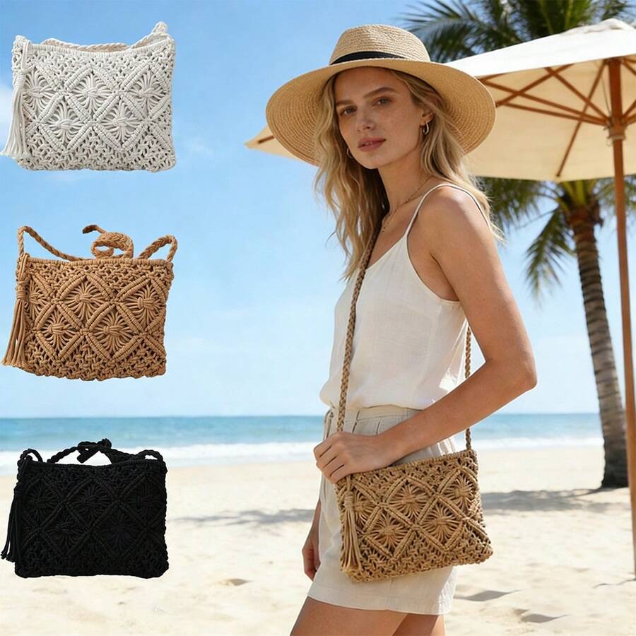 Túi đi biển đan bằng rơm phổ biến, thiết kế tua rua, túi đan kiểu dáng nghỉ dưỡng, túi đeo vai đa năng mùa hè, túi rơm họa tiết hình thoi rỗng giản dị dành cho nữ. - Nhiều màu - Xem 1