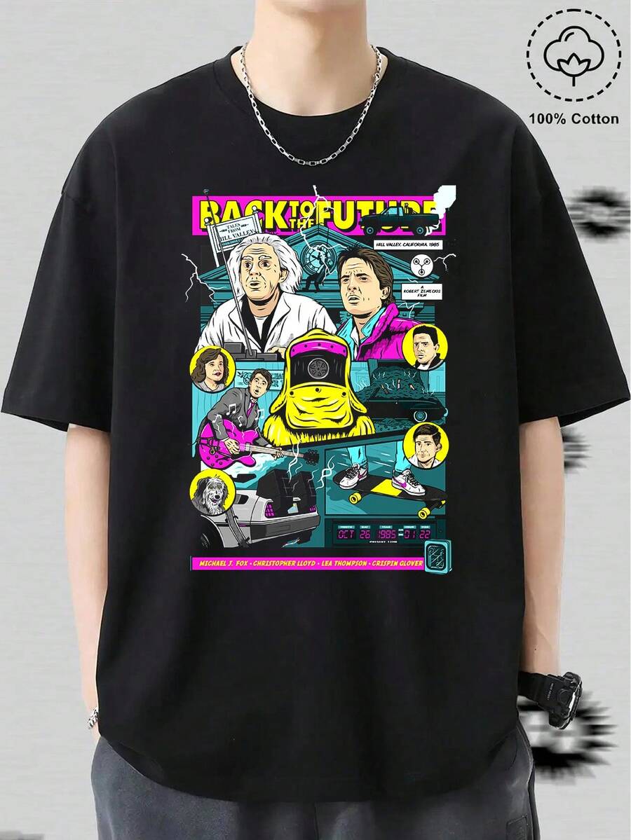 T-shirt rétro pour hommes "Retour vers le futur" en rouge, bleu marine, noir, taille S à 5XL. T-shirt imprimé - en pur coton, doux et respirant, convient aux hommes et aux femmes. C'est une chemise décontractée qui convient à toutes les saisons et sert de souvenir . Il convient à un usage quotidien, pour les passionnés de mode de rue et les amateurs de musique. - Noir - Voir 1