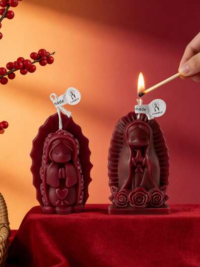 2个精美的圣母玛利亚心形蜡烛，玫瑰底座，祈祷女孩蜡烛，摄影道具背景，可用于度假屋装饰、家庭庆祝派对礼物、贴心礼物，手工模具