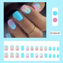 24pcs Short Square Press On Nails Blue Gradual Change Style Fake Nails Glossy Artificial Finger Manicure False Nails - Chuyển sắc xanh lam - Xem 7