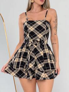 Checkered Jumpsuit Dress Style For June Festivals - Beige/black - View 3