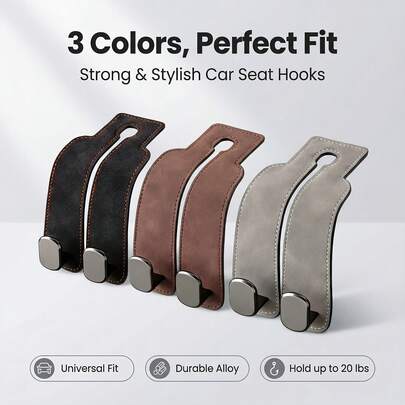 1pc Car Seat Headrest Hook - Made Of PU Leather, 3 Colors Available (Black/Brown/Gray), Universal Fit, 20lbs Weight Capacity, Non-Slip Durable Metal Hook