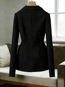 Women's Blazer With Lining And Shoulder Pads, Formal And Elegant With Front Button. - Negro - Ver 2