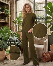 ELIANE MALHAS TRICOT/CROCHET Women's Modal Knit Set 3/4 Sleeve Blouse And Wide Leg Pants Comfortable Elegant For Everyday Or Party - 軍綠色 - 查看 2