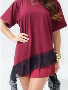 Asymmetrical Lace T-Shirt, Asymmetrical Lace Tee, Autumn/Winter Collection - Redwood - View 4
