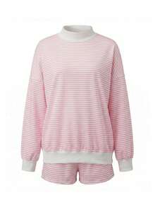 Conjunto de dos piezas a rayas para mujer, pantalones cortos Y2K, sudadera holgada de manga larga con cuello alto, jersey y pantalones cortos, chándal de primavera y otoño, ropa de estar por casa - Rosa - Ver 6