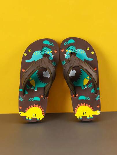 1 par de chanclas tipo flip flop para niños, nuevas, de primavera/verano, cómodas, de moda, casuales, lindas, con diseño de dinosaurio, versátiles para interior/exterior y playa