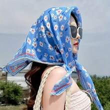 Idyllic Small Floral Silk Scarf 90 * 90 Large Square Scarf Women's Spring And Summer Autumn Triangular Headscarf Korean Sunshade Shawl - Blue - View 10