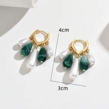 Asymmetrical Acrylic Hoop Earrings, Bohemian Style Green & White Contrast Pearl Pendant Teardrop Earrings - Green - View 7