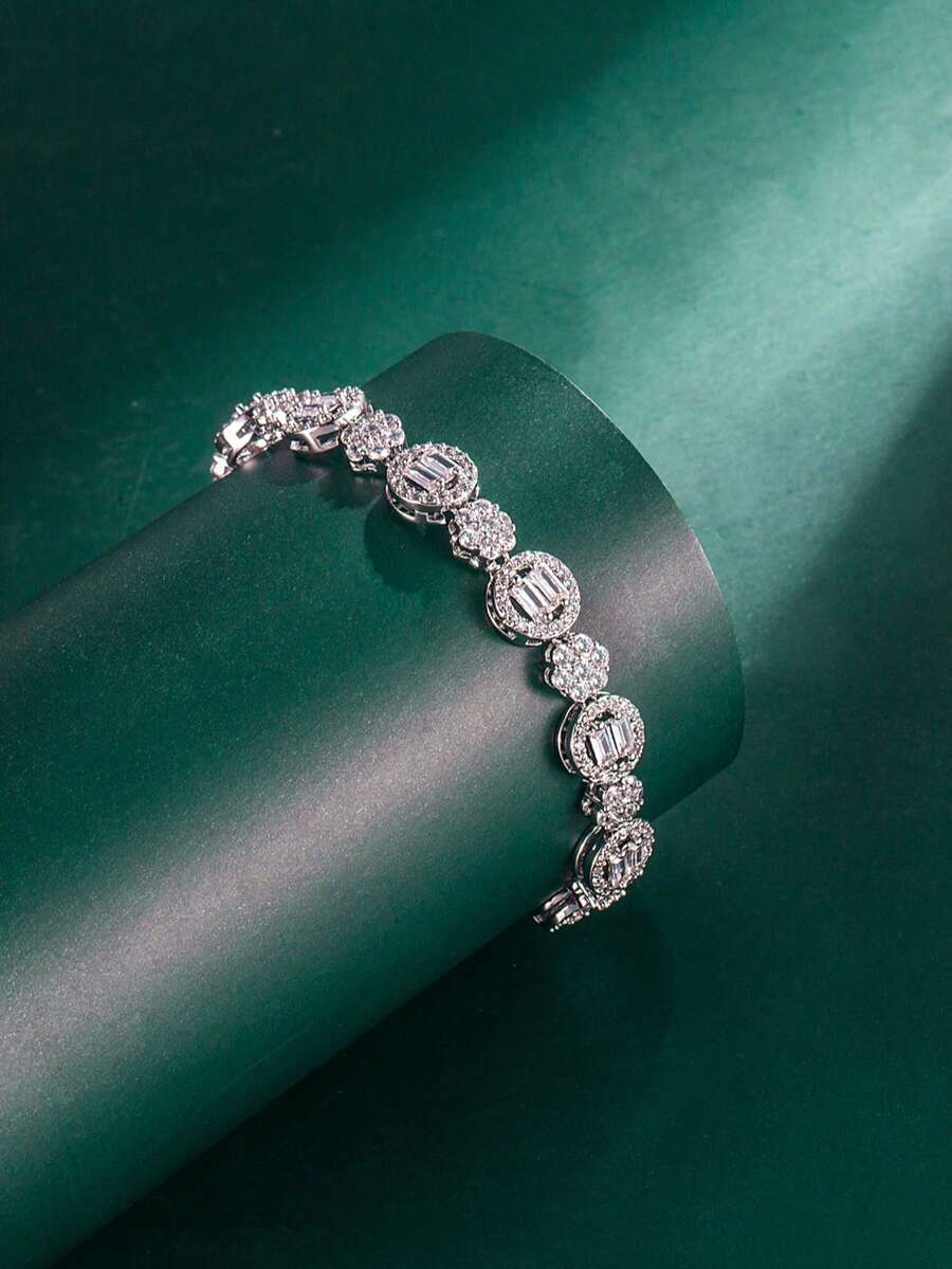 Tylionnejewelry 1件装奢华白金镀锆石手链，优雅珠宝，适合作为女士礼物，婚礼，节日派对，约会，周年纪念日 - 銀色 - 查看 1