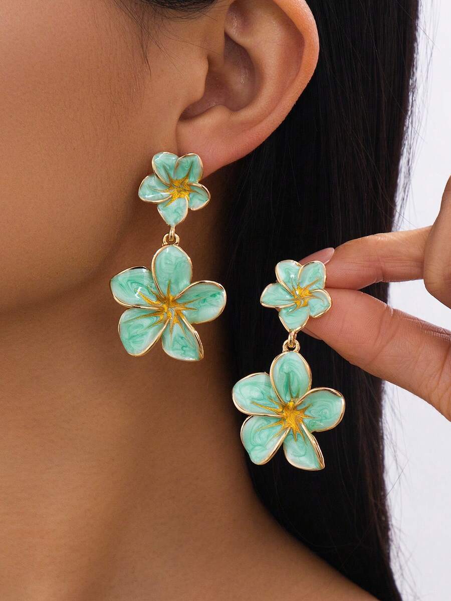 1 Đôi bông tai mặt dây chuyền hình hoa cà tím màu xanh lá cây chuyển sắc sang trọng, thủ công, kiểu dáng mùa hè mới, thích hợp cho kỳ nghỉ biển. - màu xanh lá - Xem 1
