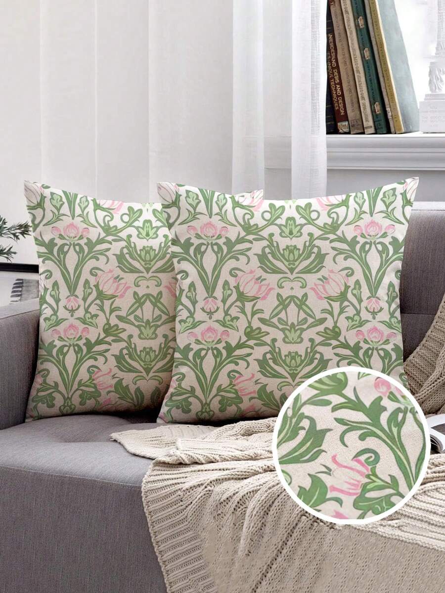 2件装波西米亚风花卉图案春季花朵波西米亚抱枕套，几何印花复古亚麻质感，畅销款，隐形拉链，可机洗，装饰抱枕套，适用于家居、沙发、客厅、卧室，不含枕芯 - 彩色 - 查看 1