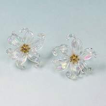 1 Đôi bông tai acrylic bán trong suốt, ánh cầu vồng, thiết kế hình cánh hoa, kiểu dáng thời trang, đa năng, cá tính dành cho nữ. - Trong sáng - Xem 2