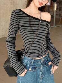 时尚斜肩条纹打底长袖修身T恤，女士款，随机拼接设计 - 深灰色 - 查看 4