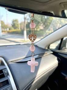 Decoração de Espelho Retrovisor de Carro com Cruz de Cristal Natural, Cristal Religioso para Interior de Carro, Pingente em Forma de Coração com Cruz, Conjunto Espiritual de Guarda, Presente de Feriado para Mulheres - Cruz de Cristal - Visão 4