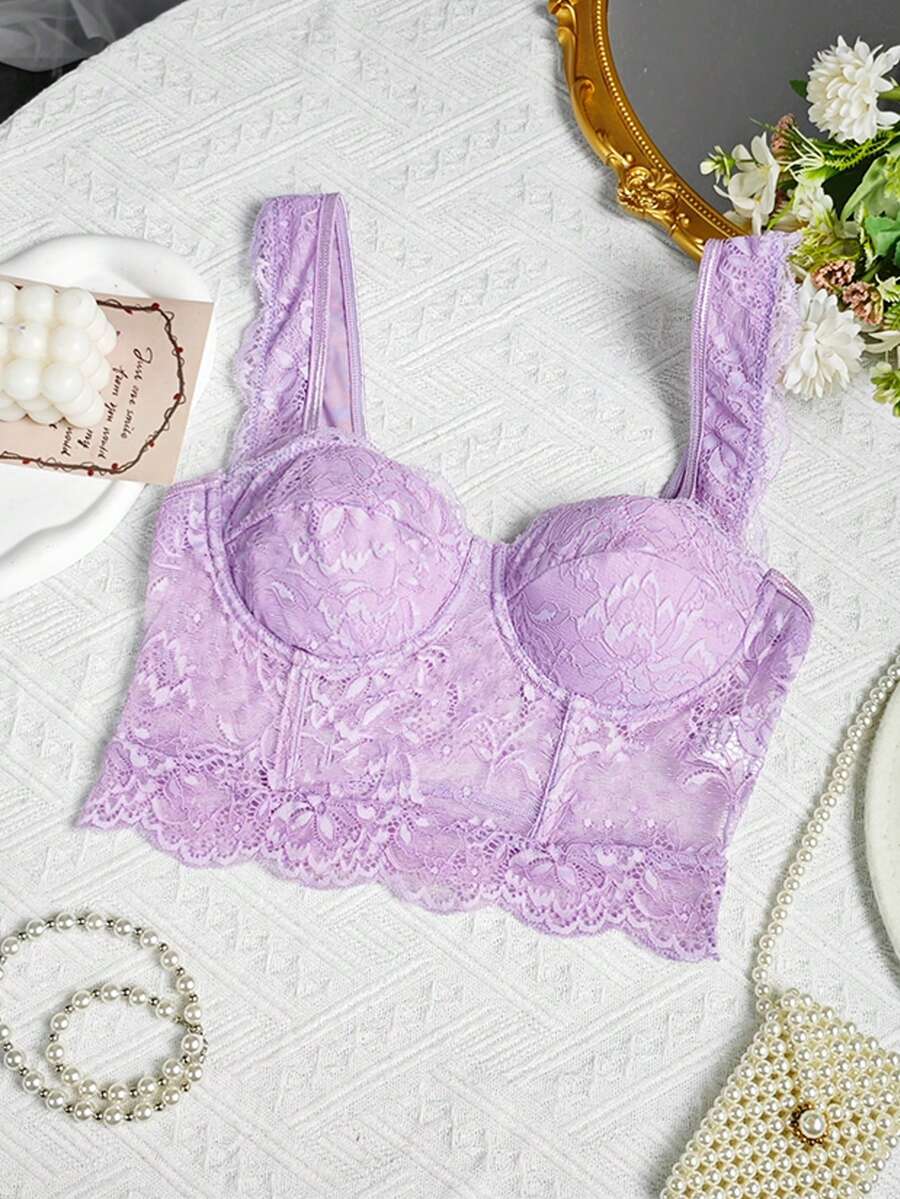 Purple Lace Ruffle Crop Top Party Outfit - Purple - View 1