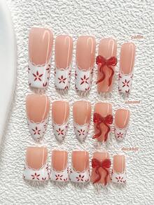 10Pcs Fun French Style Polygel Nail Set,Acrylic Press-On Nails,Red 3D Ribbon Bow,Hand-Painted Red Five-Petaled Flowers, White Lace Trim Nail Art Decoration,White Nail Polish,Suitable For Daily,Reunion,Party,Photograph,Play,Spring Summer,Commute Supplies Nails,Great Gift For Ladies And Girls Press On Nails - 彩色 - 查看 1