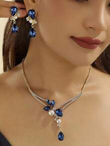 三件套首饰套装，时尚迷人优雅的几何蓝色珍珠水晶项链一条和耳环一副，适合女性日常佩戴，也是送给朋友的精美礼物。 - 藍色 - 查看 5