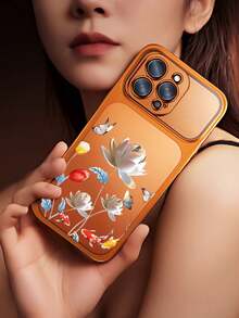 Hochwertige, galvanisierte, transparente Handyhülle für iPhone 15 Pro Max 16 Pro Max 13 14 Pro Max 14 Plus 15 Plus 16 Plus. Modisches, mattes Rundum-Design mit silbernem Lotus-Motiv. - Orange - Übersicht 6