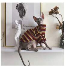 Sphynx Cat Couple's Base Layer, Contrast Striped Versatile Matching Outfit, Warm And Cozy Companionship, Hairless Cat Exclusive, Skin-Friendly Turtleneck Striped T-Shirt - Red - View 7