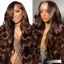 36英寸即戴即用免胶假发，真人发混纺，预先拔毛、预先剪裁，高清蕾丝，无需胶水，180%密度，13x4波浪卷蕾丝前假发，女士真人发混纺，免胶，自然发际线，自然黑色 - 棕色 - 查看 5