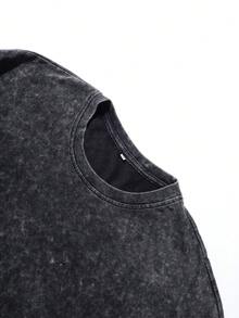 男士街头风沙滩度假图案方领T恤，略带弹力做旧黑色圆领短袖T恤，休闲日常方领T恤 - 黑色 - 查看 4