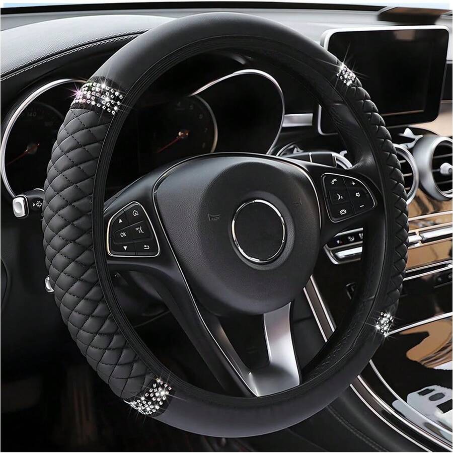 Bling Car Steering Wheel Cover, 15 Inch Rhinestones Soft Leather Elastic Steering Wheel Protector, Sparkly Crystal Diamond For Women Girls, Car Interior Accessories For Most Cars,Home Décor,Car Accesssories,Car Decor,Car Essentials,Car Stuff,Valentine's Day,Car Acessesories Women,Valentines Gift (Pink) - 黑色 - 查看 1