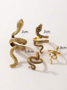 imoli 4pcs Fashionable Punk Style Alloy Snake Engraved Pattern Ring Set, Suitable For Party, Gathering, Gift - Ancient Golden Color - View 3