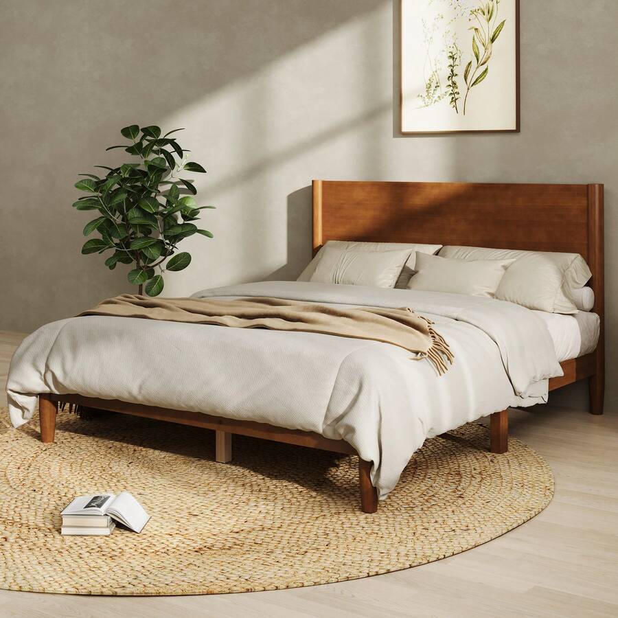 Twin/Full/Queen/King Size Luxury Mid Century Solid Wood Queen Bed Frame, Platform Bed With Elegant Full Panel Headboard And Sculpted Cylindrical Legs - 棕色胡桃木 - 查看 1