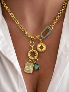 1 件金色 A-Z 字母项链，天蓝色椭圆形扣链，八角星吊坠链，时尚优雅多吊坠项链，独特奢华女士项链 - 金黃色 - 查看 26