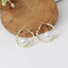 一对优雅仿珍珠镶嵌C形耳环，时尚奢华女士耳环 - 彩色 - 查看 4