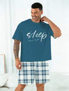 Plus Size Men's Sleepwear Set | Round Neck Short Sleeve Top And Elastic Waist Casual Shorts 2 Pieces Set | Polyester Knit Fabric Soft Breathable Loose Comfortable | Sleep Graphic Print Casual Design - Mint Blue - View 7