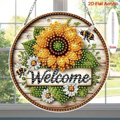 2D flache Acryl DIY Diamant Malerei Set, Sonnenblumen und Bienen Muster Diamant Kunst Dekoration, Willkommensschild, funkelnde Kristall Wanddekoration Handwerk, Mehrfarbige Raumdekoration, geeignet für Fenster, Terrasse, Garten, Garage, Wände, vielseitig verwendbare Hängedekoration, Geschenk für Feiertage, perfekt für Damen und Freunde