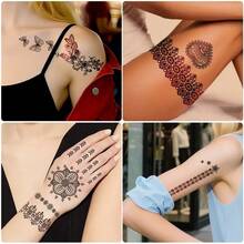 4 Full Hand Floral Lace Design Black Sexy Foot Finger Tattoo Stickers Female Finger Calf Lace Tattoo Stickers Paper Flower Waterproof Stickers Black Tattoo Stickers Women's Body Art Stickers Wedding Party Summer Beach Black Tattoo Stickers - Black - View 2