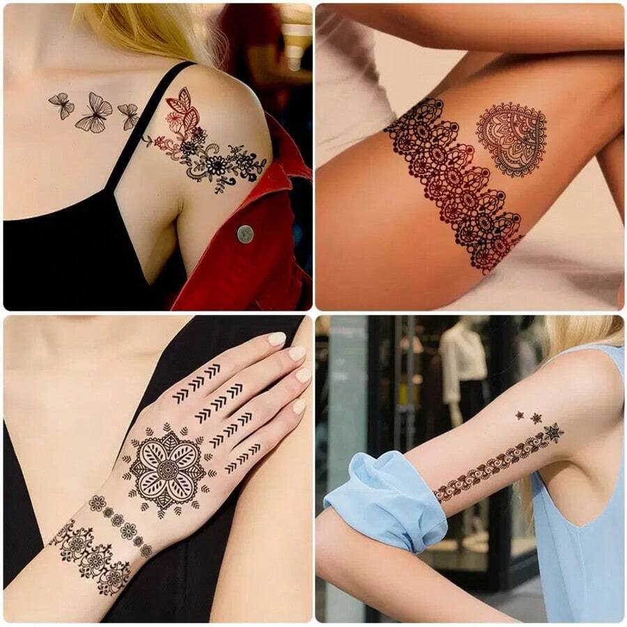 4 Full Hand Floral Lace Design Black Sexy Foot Finger Tattoo Stickers Female Finger Calf Lace Tattoo Stickers Paper Flower Waterproof Stickers Black Tattoo Stickers Women's Body Art Stickers Wedding Party Summer Beach Black Tattoo Stickers - Black - View 1