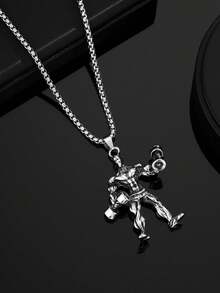 1件欧美时尚3D举重肌肉男吊坠朋克项链，适合男士日常佩戴 - 銀色 - 查看 3