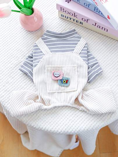 1pc Pet Clothes, Dog/Cat Outfit, Grey Stripe Pocket Suspender Pants, New Spring/Summer Product